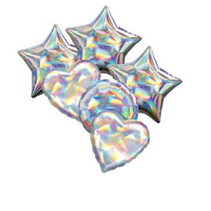 19″ iridescent silver foil balloon-6pcs(3star, 2heart, 1round) diy birthday party supplies, unicorn birthday party decoration