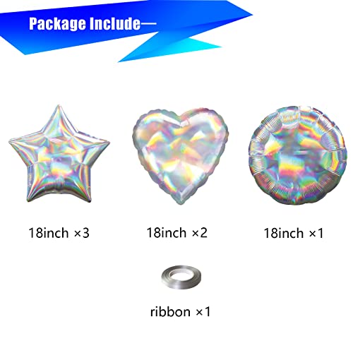 19" Iridescent silver Foil Balloon-6pcs(3Star, 2Heart, 1Round) DIY Birthday Party Supplies, Unicorn Birthday Party Decoration
