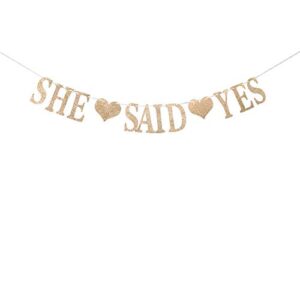 champagne gold glittery she said yes banner – bridal shower, wedding, engagement, bachelorette party decorations supplies