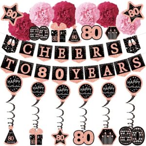 80th birthday decorations for women – (21pack) cheers to 80 years rose gold glitter banner for women, 6 paper poms, 6 hanging swirl, 7 decorations stickers. 80 years old party supplies gifts for women