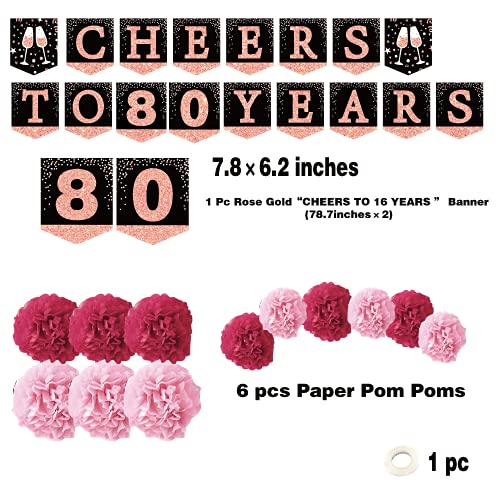 80th birthday decorations for women - (21pack) cheers to 80 years rose gold glitter banner for women, 6 paper Poms, 6 Hanging Swirl, 7 decorations stickers. 80 Years Old Party Supplies gifts for women