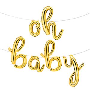 envizins 16″ gold oh baby script foil balloons, for baby shower decorations, girl gender reveal, straw and 32′ roll ribbon included