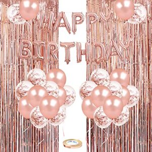 rose gold birthday party decoration, 50pcs rose gold & confetti latex balloons, happy birthday balloons banner with 2 foil fringe curtains, birthday decorations for women girls