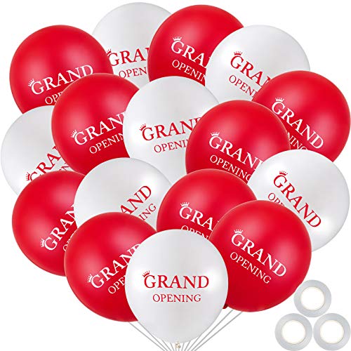 60 Pieces Grand Opening Balloons 12 Inch Double Side Celebrate Business Latex Balloons with 3 Pieces White Balloon Ribbons for Ceremony Decoration (White, Red)