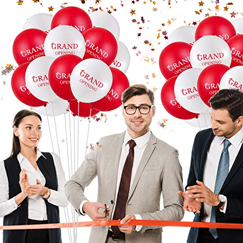 60 Pieces Grand Opening Balloons 12 Inch Double Side Celebrate Business Latex Balloons with 3 Pieces White Balloon Ribbons for Ceremony Decoration (White, Red)