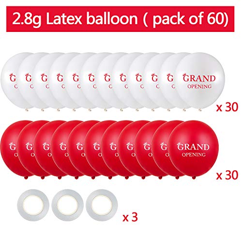 60 Pieces Grand Opening Balloons 12 Inch Double Side Celebrate Business Latex Balloons with 3 Pieces White Balloon Ribbons for Ceremony Decoration (White, Red)