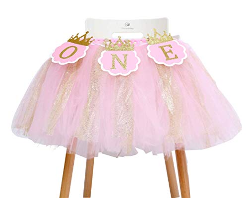 Tutu Highchair Banner for 1st Birthday - Princess 1st Birthday Party,Pink Tutu Skirt Photo Booth Props and Backdrop Cake Smash, Best Princess Birthday Party Supplies for Baby Girl