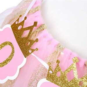 Tutu Highchair Banner for 1st Birthday - Princess 1st Birthday Party,Pink Tutu Skirt Photo Booth Props and Backdrop Cake Smash, Best Princess Birthday Party Supplies for Baby Girl