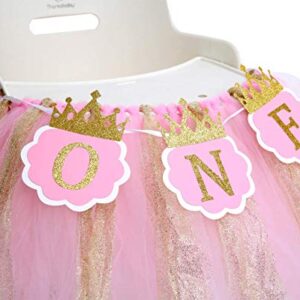 Tutu Highchair Banner for 1st Birthday - Princess 1st Birthday Party,Pink Tutu Skirt Photo Booth Props and Backdrop Cake Smash, Best Princess Birthday Party Supplies for Baby Girl