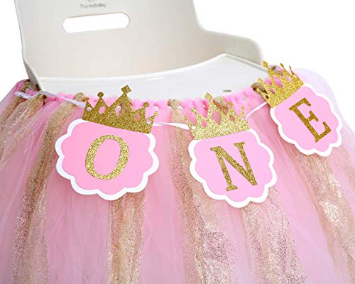 Tutu Highchair Banner for 1st Birthday - Princess 1st Birthday Party,Pink Tutu Skirt Photo Booth Props and Backdrop Cake Smash, Best Princess Birthday Party Supplies for Baby Girl