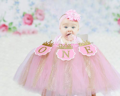 Tutu Highchair Banner for 1st Birthday - Princess 1st Birthday Party,Pink Tutu Skirt Photo Booth Props and Backdrop Cake Smash, Best Princess Birthday Party Supplies for Baby Girl