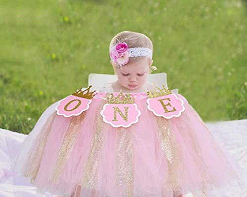 Tutu Highchair Banner for 1st Birthday - Princess 1st Birthday Party,Pink Tutu Skirt Photo Booth Props and Backdrop Cake Smash, Best Princess Birthday Party Supplies for Baby Girl