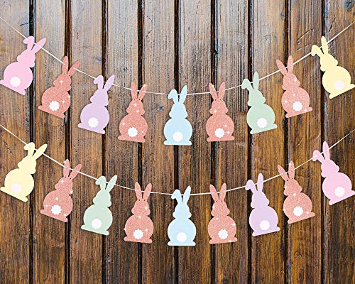 Whaline Easter Banner Decoration Happy Easter Banner Garland, Glitter Easter Bunny Bunting Flag Farmhouse Banner Spring Themed Party Favors Supplies, Happy Easter Day Home Decor for Mantle Fireplace