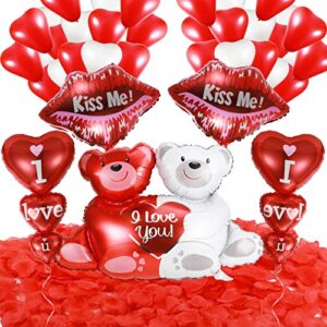 civaner 25 pcs red heart balloons i love you valentines day 2000 rose petals 40 inch bear balloon and white shaped lip for wedding party decoration, white,transparent,red