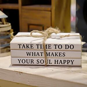 3 Pieces Wooden Decorative White Books, Rustic Farmhouse Book Stack, Faux Books for Coffee Table Shelves with Wood Bead Tassels and Leaves, for Modern Home Decor, 7'x 4.6'x 2.5'