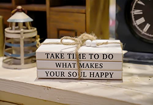 3 Pieces Wooden Decorative White Books, Rustic Farmhouse Book Stack, Faux Books for Coffee Table Shelves with Wood Bead Tassels and Leaves, for Modern Home Decor, 7'x 4.6'x 2.5'