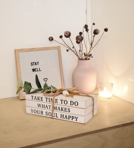 3 Pieces Wooden Decorative White Books, Rustic Farmhouse Book Stack, Faux Books for Coffee Table Shelves with Wood Bead Tassels and Leaves, for Modern Home Decor, 7'x 4.6'x 2.5'