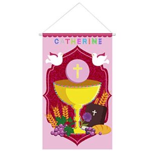 first communion banner kit diy holy door hanging decor with 2 sheets of diamond stickers for boys and girls decoration set, 12 x 20 inch (holy grail pink style)