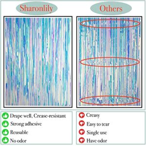 Sharonlily 2 pcs Gorgeous Iridescent Fringe Curtains, 3.2X 8.2 Feet, Transparent Holographic Tinsel Backdrop Streamers, Sturdy Metallic Foil Door Curtain for Birthday Bachelorette Party Decorations