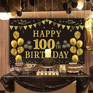 Trgowaul 100th Birthday Decorations for Men Women - Black and Gold 100th Birthday Backdrop Banner 5.9 X 3.6 Fts Happy 100th Birthday Party Supplies Photography Supplies Background