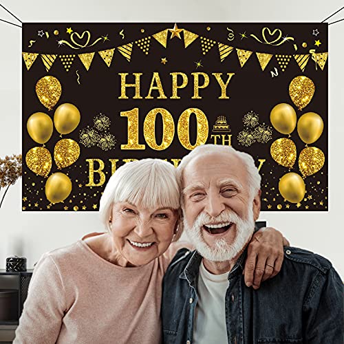 Trgowaul 100th Birthday Decorations for Men Women - Black and Gold 100th Birthday Backdrop Banner 5.9 X 3.6 Fts Happy 100th Birthday Party Supplies Photography Supplies Background