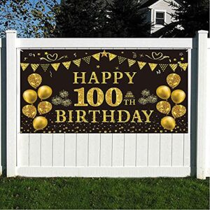 Trgowaul 100th Birthday Decorations for Men Women - Black and Gold 100th Birthday Backdrop Banner 5.9 X 3.6 Fts Happy 100th Birthday Party Supplies Photography Supplies Background