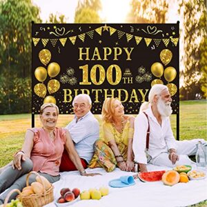 Trgowaul 100th Birthday Decorations for Men Women - Black and Gold 100th Birthday Backdrop Banner 5.9 X 3.6 Fts Happy 100th Birthday Party Supplies Photography Supplies Background