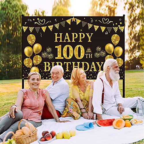 Trgowaul 100th Birthday Decorations for Men Women - Black and Gold 100th Birthday Backdrop Banner 5.9 X 3.6 Fts Happy 100th Birthday Party Supplies Photography Supplies Background