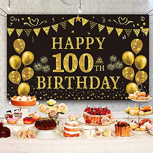 Trgowaul 100th Birthday Decorations for Men Women - Black and Gold 100th Birthday Backdrop Banner 5.9 X 3.6 Fts Happy 100th Birthday Party Supplies Photography Supplies Background