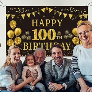 Trgowaul 100th Birthday Decorations for Men Women - Black and Gold 100th Birthday Backdrop Banner 5.9 X 3.6 Fts Happy 100th Birthday Party Supplies Photography Supplies Background