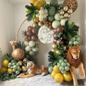 134Pcs Safari Jungle Balloon Garland Arch Kit- Sage Olive Green and Brown Balloons for Wild One Dinosaur Theme Party Supplies with Animal Print and Metallic Gold Ivory Tan Balloons for Boy Girl Lion King First Bithday Woodland Baby Shower Wedding Graduati