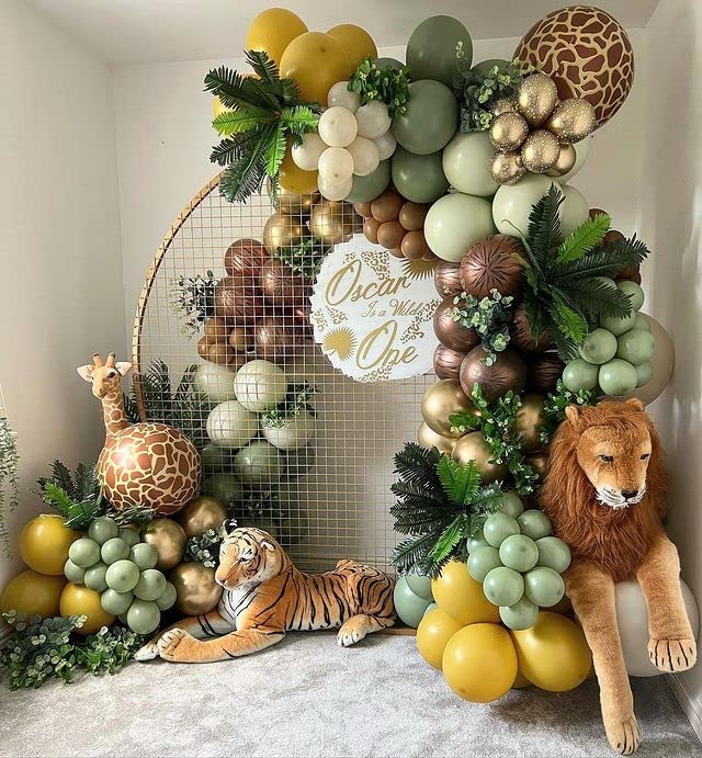 134Pcs Safari Jungle Balloon Garland Arch Kit- Sage Olive Green and Brown Balloons for Wild One Dinosaur Theme Party Supplies with Animal Print and Metallic Gold Ivory Tan Balloons for Boy Girl Lion King First Bithday Woodland Baby Shower Wedding Graduati