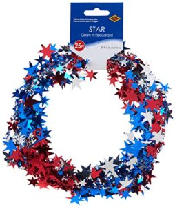 beistle gleam ‘n flex star garland, 25-feet, red/silver/blue