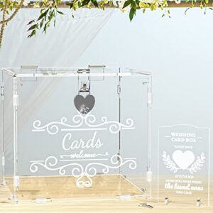 FEMELI Acrylic Wedding Cards Box with Slot & Lock, 10x9.6x9.3in Large Clear Gift Letter Envelope Card with Sign/ 2 Keys/ light for Reception Anniversary Birthday Party Baby Shower Decorations