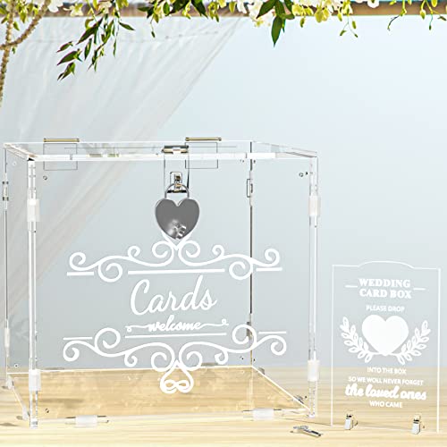 FEMELI Acrylic Wedding Cards Box with Slot & Lock, 10x9.6x9.3in Large Clear Gift Letter Envelope Card with Sign/ 2 Keys/ light for Reception Anniversary Birthday Party Baby Shower Decorations