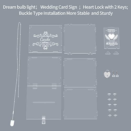 FEMELI Acrylic Wedding Cards Box with Slot & Lock, 10x9.6x9.3in Large Clear Gift Letter Envelope Card with Sign/ 2 Keys/ light for Reception Anniversary Birthday Party Baby Shower Decorations