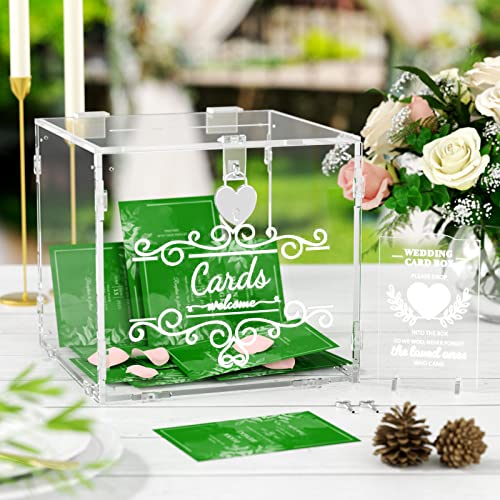 FEMELI Acrylic Wedding Cards Box with Slot & Lock, 10x9.6x9.3in Large Clear Gift Letter Envelope Card with Sign/ 2 Keys/ light for Reception Anniversary Birthday Party Baby Shower Decorations