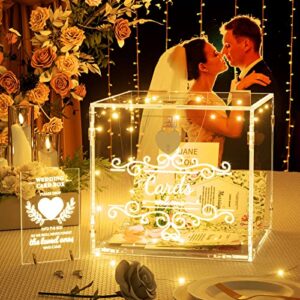 FEMELI Acrylic Wedding Cards Box with Slot & Lock, 10x9.6x9.3in Large Clear Gift Letter Envelope Card with Sign/ 2 Keys/ light for Reception Anniversary Birthday Party Baby Shower Decorations