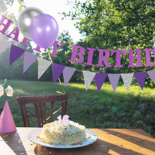 Cooshine 16th Birthday Party Decorations for Girls Purple and Silver, Light Purple Lavender Party Decoration with Happy Birthday Banner Trianguler Pennants Latex Confetti Balloons