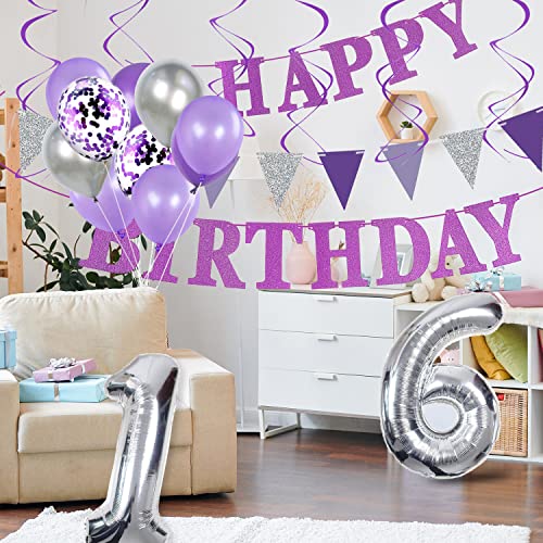 Cooshine 16th Birthday Party Decorations for Girls Purple and Silver, Light Purple Lavender Party Decoration with Happy Birthday Banner Trianguler Pennants Latex Confetti Balloons