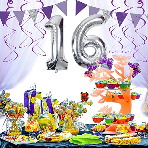 Cooshine 16th Birthday Party Decorations for Girls Purple and Silver, Light Purple Lavender Party Decoration with Happy Birthday Banner Trianguler Pennants Latex Confetti Balloons