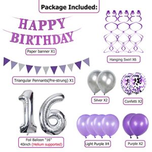 Cooshine 16th Birthday Party Decorations for Girls Purple and Silver, Light Purple Lavender Party Decoration with Happy Birthday Banner Trianguler Pennants Latex Confetti Balloons