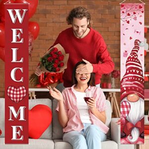 Welcome Valentine Porch Banners Gnome Love Door Banner with Love Gnome Leaves Gift Box Pattern Valentine's Hanging Banners Valentine Home Decors for Valentine Home Indoor Outdoor Supplies (Love Theme)