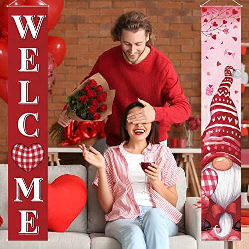 Welcome Valentine Porch Banners Gnome Love Door Banner with Love Gnome Leaves Gift Box Pattern Valentine's Hanging Banners Valentine Home Decors for Valentine Home Indoor Outdoor Supplies (Love Theme)