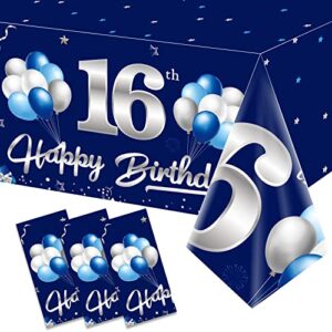 3 pack blue silver 16th birthday tablecloth decoration for boy, navy blue happy 16 table cover party supplies, sixteen years old birthday disposable rectangular table cloth decor for indoor outdoor