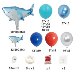 Shark Party Decorations Supplies Caribbean Blue Sliver Red Balloon Arch Kit & Garland With Shark Balloons, 115pcs For Baby Shower, Kid's Birthday Party, Shark Party, Under The Sea Party, Boys Party