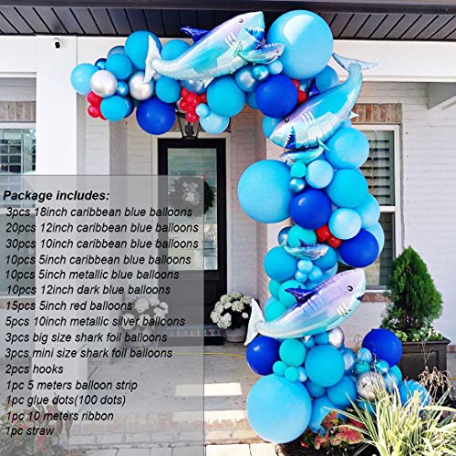 Shark Party Decorations Supplies Caribbean Blue Sliver Red Balloon Arch Kit & Garland With Shark Balloons, 115pcs For Baby Shower, Kid's Birthday Party, Shark Party, Under The Sea Party, Boys Party