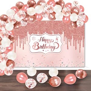 rose gold birthday decorations, happy birthday backdrop, 50 pieces balloons set, rose gold, pink, white, confetti, rose gold photography backdrop banner for girls women birthday party