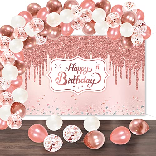 Rose Gold Birthday Decorations, Happy Birthday Backdrop, 50 Pieces Balloons Set, Rose Gold, Pink, White, Confetti, Rose Gold Photography Backdrop Banner for Girls Women Birthday Party