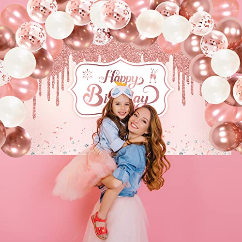 Rose Gold Birthday Decorations, Happy Birthday Backdrop, 50 Pieces Balloons Set, Rose Gold, Pink, White, Confetti, Rose Gold Photography Backdrop Banner for Girls Women Birthday Party